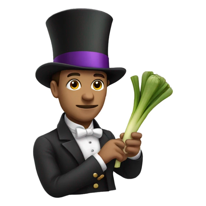 Man holding a leek with his hands with a top hat that has a purple band sticker