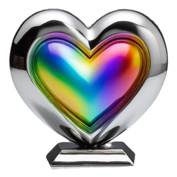 symmetric heart chrome sculpture symbolizing chromatic light with a geometric, faceted design. The heart is standing upright with angular and baroque features. The vibrant rainbow of colors highlights the sharp edges and planes.  sticker