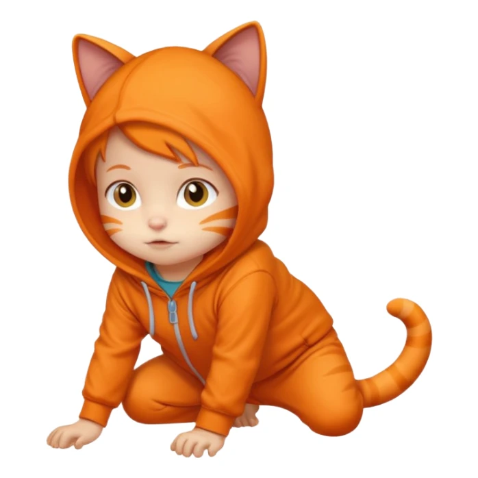 little kid Toddler in orange cat hoodie, crawling pose sticker