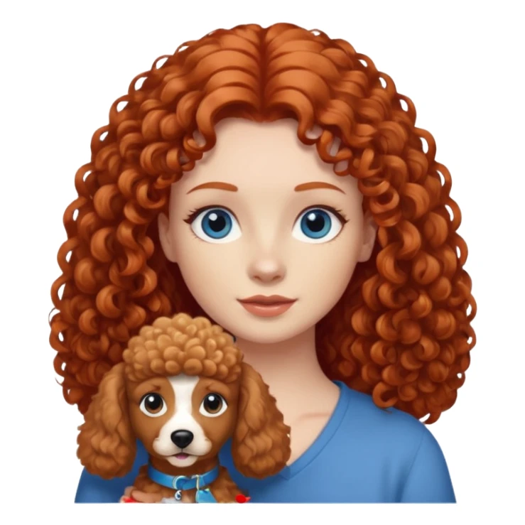 A red head with long hair blue eyes and a light brown poodle dog sticker