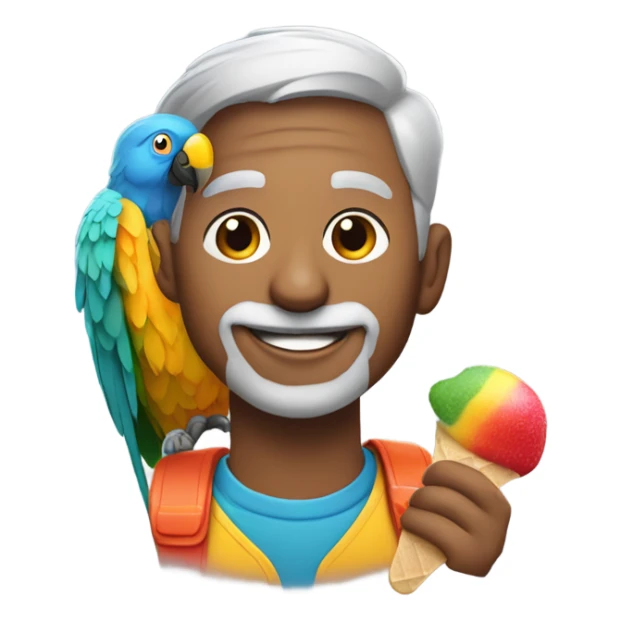 man with gray hair portrait with a colorful parrot on his shoulder eating a popsicle  sticker