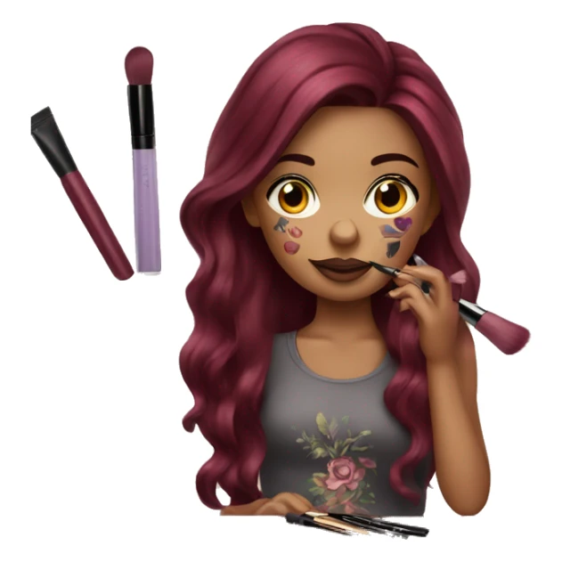 Beautiful tattooed burgundy long haired woman doing her makeup sticker