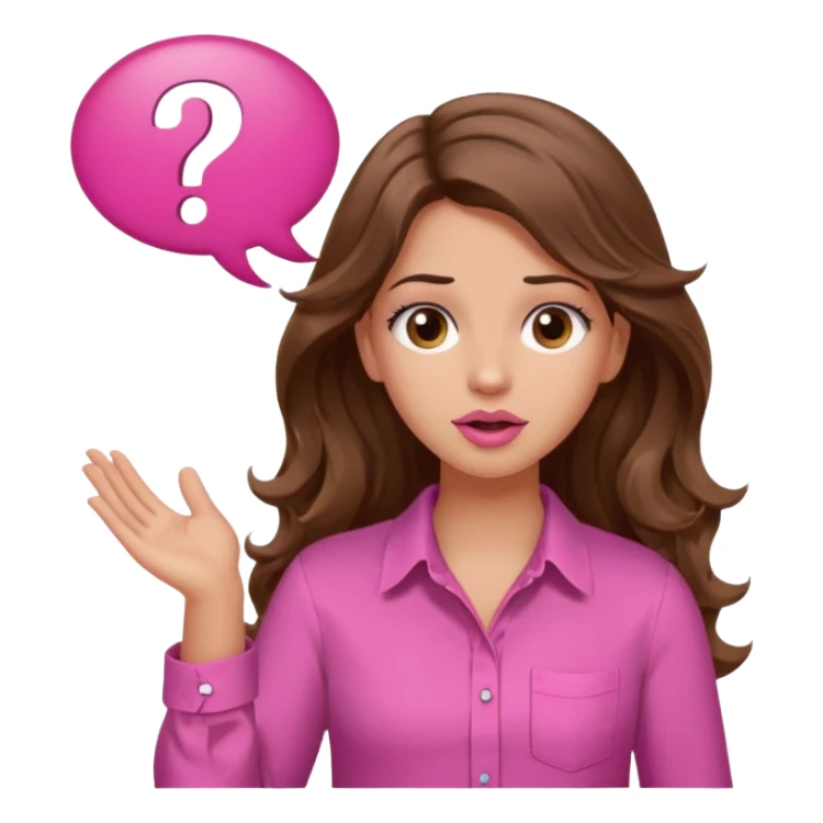 girl with long wavy brown hair, brown eyes, light to medium complexion, in a pink shirt, pink lips, long lashes, shugging, question mark one speech bubble sticker