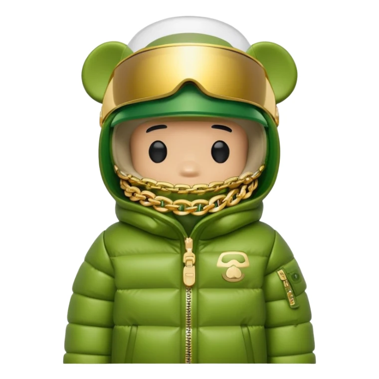 bearbrick toy with lime balaclava tagged with logos, wearing oversized monolens ski-type visor shield covering eyes as one continuous piece, puffer jacket with fur, gold chains sticker