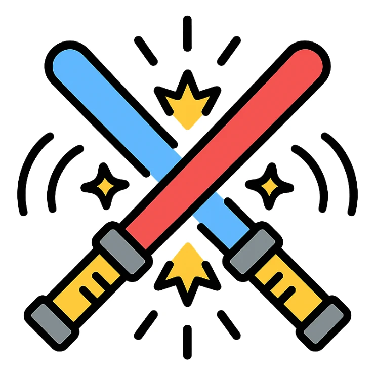 two lightsabers, one blue and one red, clashing with motion lines and sparks sticker