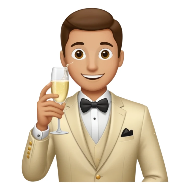 Wedding crasher character in fancy clothes trying to blend in at a wedding reception, holding champagne glass, goofy smile sticker