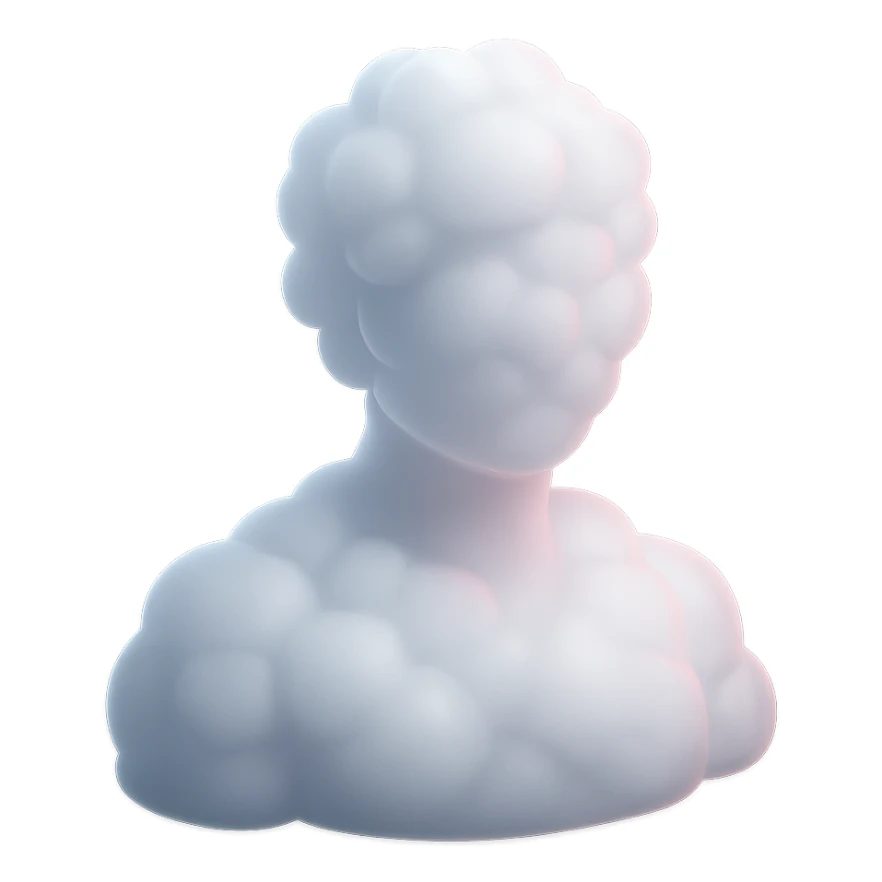 person made entirely of white fluffy convex clouds with a slight pink glow, shoulder up, front view, matte glass style, no background sticker