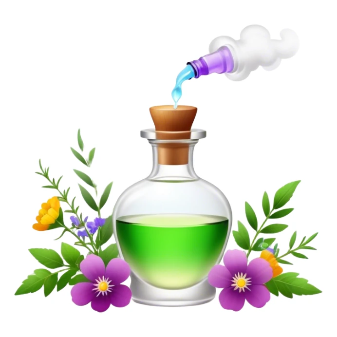 Perfume making icon, delicate glass bottle being filled with colorful essential oils from droppers, swirling mist rising from the bottle, flowers and herbs nearby, minimalistic style, clean lines, transparent background. sticker