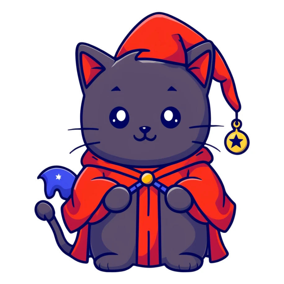 Black cat wearing red robe and blue starry wizard hat sticker
