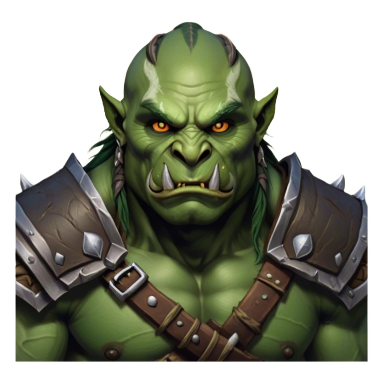 Cinematic Realistic WoW Orc Warrior Portrait, head tilted epicly and inquisitively, showcasing a commanding presence and raw, unyielding power. His battle-hardened green skin and muscular form, accented by meticulously crafted tribal armor in deep earthy hues, are rendered with lifelike clarity and dynamic lighting, high shine, epic and awe-inspiring, embodying the relentless spirit of an orc warrior ready for battle. sticker