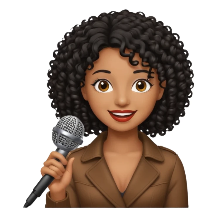 brown skin woman, curly black hair, singer, hold micro sticker