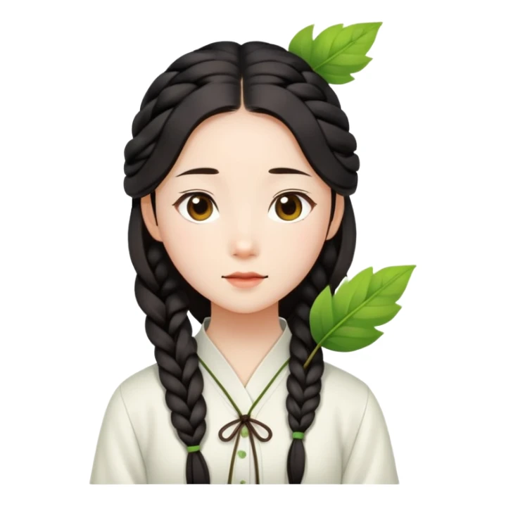  A Chinese girl with a long braid, a brown hairpin shaped like a leaf, and a white blouse, breathing in the spring air. sticker