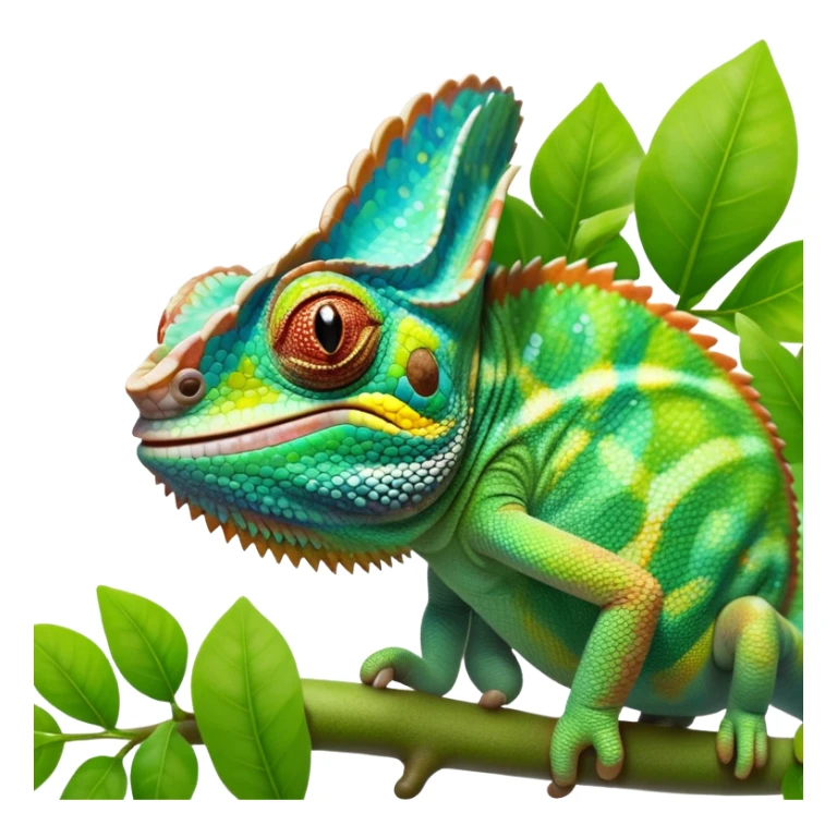 cinematic giant-smiling. chameleon-realistic emoji,-blending-with-vibrant-greenery.-detailed-scales-in-shifting-colors,-showing-the-chameleon’s-ability-to-camouflage.-soft-natural-light-highlights-its-texture.-light-background, zoomed into its face sticker