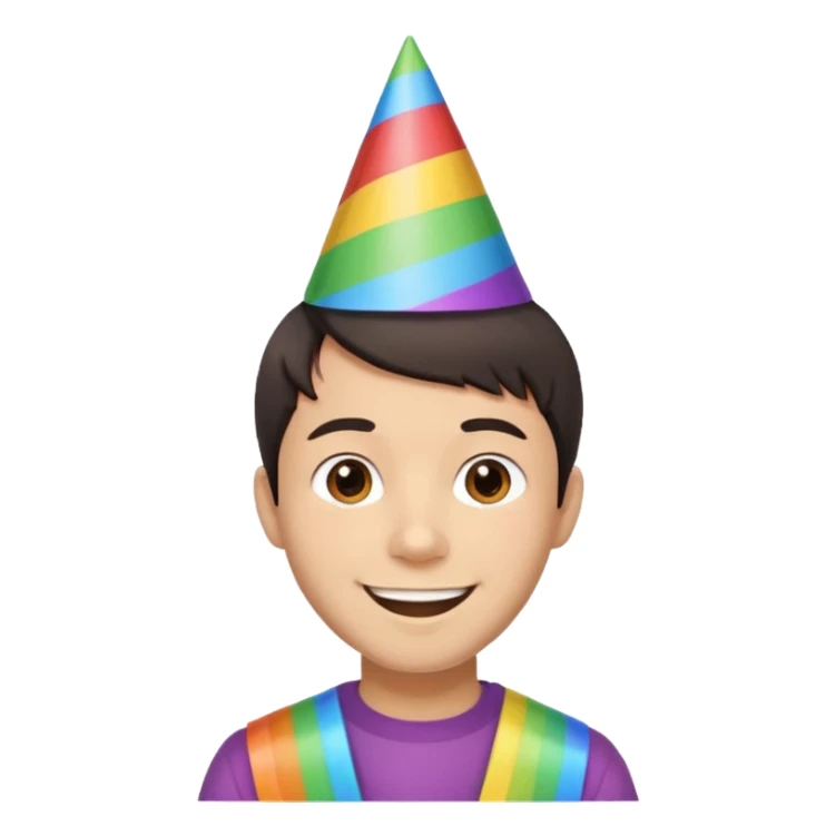 Young man, short hair, rainbow birthday party hat, cheerful expression sticker