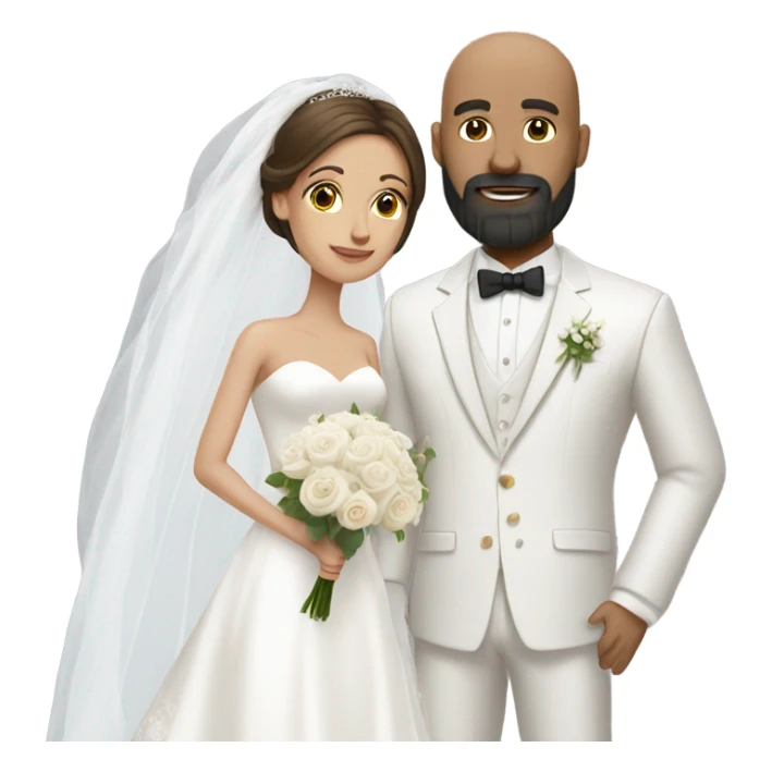 bride with long brown hair and bald dark bearded groom with white suit sticker