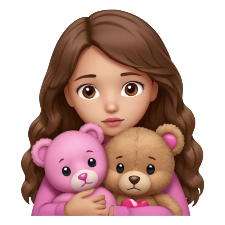 girl with long wavy brown hair, brown eyes, light to medium complexion, in a pink shirt, pink lips, long lashes, sad, hugging squeezing  a teddy bear with hearts sticker