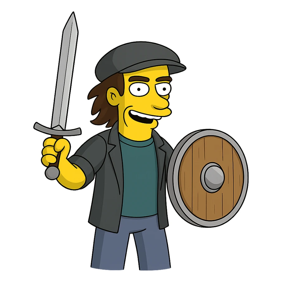 Regenerate the image keeping the same angle, facial expression, clothing, and size proportions of the character, but replace the guitar with a medieval sword and shield. Maintain the Simpsons style and transparent background. sticker