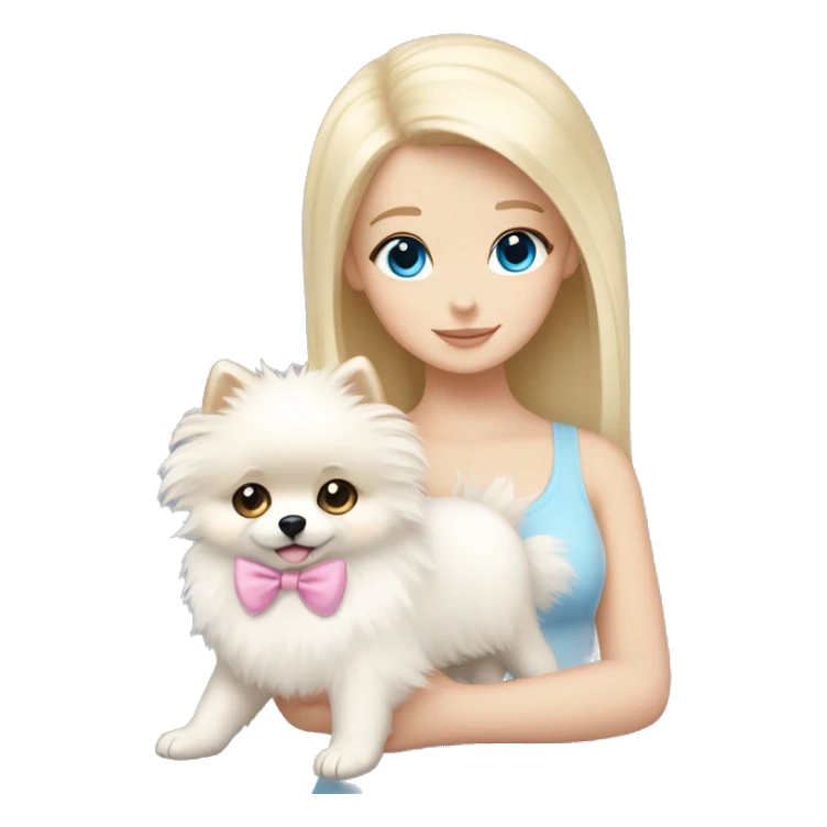 Blond girl white skin blue eyes hugging white Pomeranian with light pink bow sticker