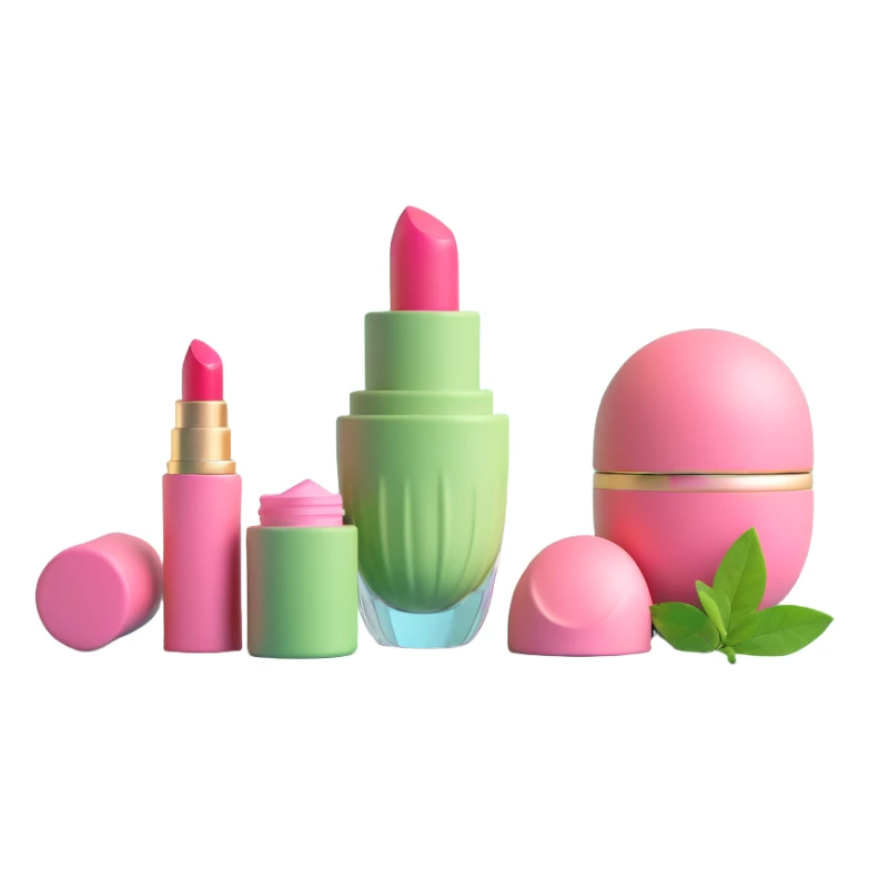 collection of beauty products including perfume, lipstick, blush, and matcha cup with pink accents sticker