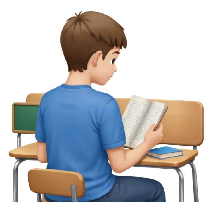 Boy sitting at school reading with his back to the camera
 sticker