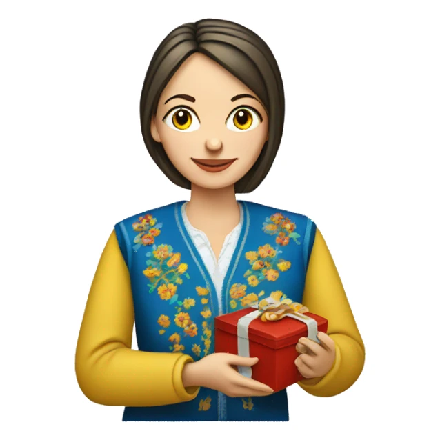 A female teacher in Ukrainian embroidery holds a gift in her hand sticker
