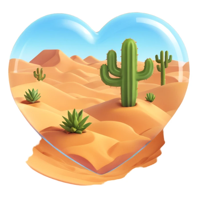 transparent heart-shaped emoji with a miniature desert scene inside, including sand dunes and a small cactus, clear glass effect sticker