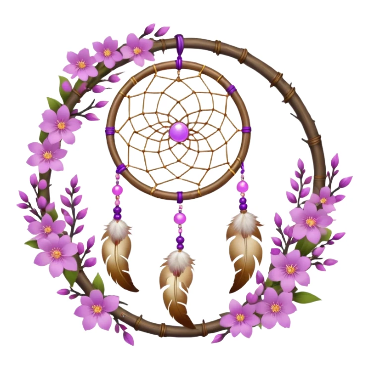 A white-birch-circle-framed Dreamcatcher. with purple-round-orbs, gold-rings hanging down. purple flowers, pink sakura flowers, sticker