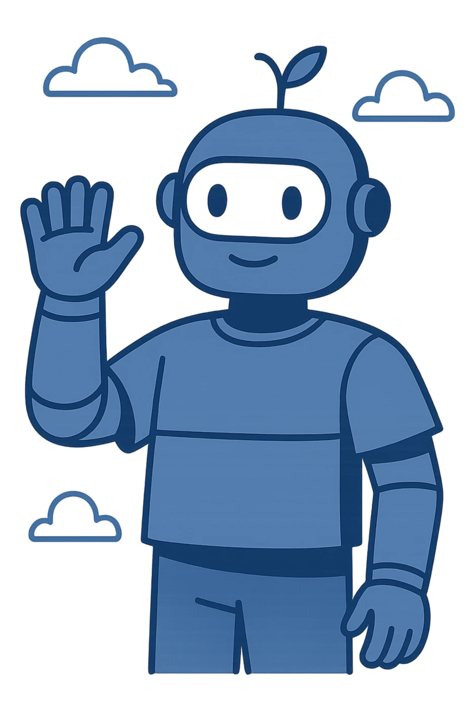 blue robot waving, simple geometric shapes, soft shading, modern illustration style sticker