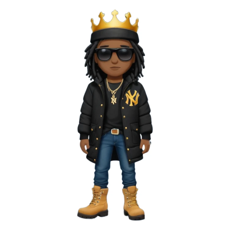 African American man with shoulder length black dreadlocks and black sunglasses wearing a black New York Yankees baseball hat wearing a black bubble winter coat with denim skinny jeans and timberland boots wearing a crown sticker