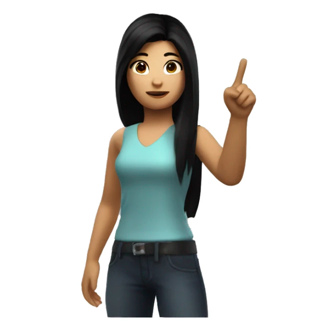 A dark-haired Roblox girl pointing to her right. Her face showing approval sticker