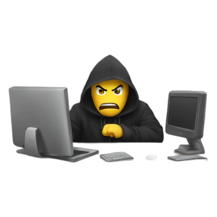 A angry Developer with a black hood behind his computer and taping on his keyboard sticker