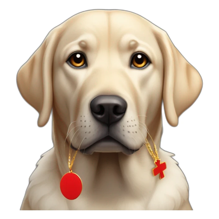 Labrador de couleur noir avec un bandeau rouge et une médaille sticker
