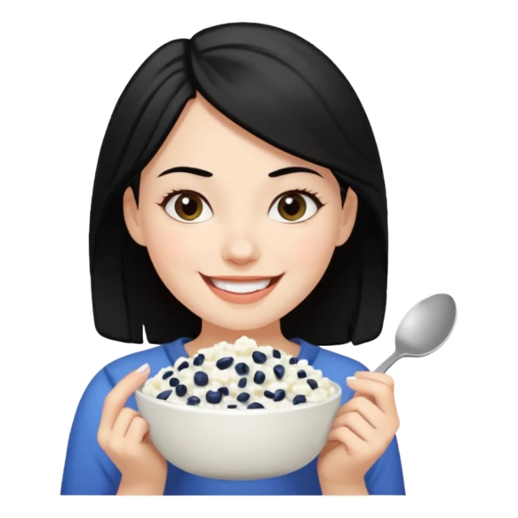 A white girl with black hair eating cottage cheese sticker