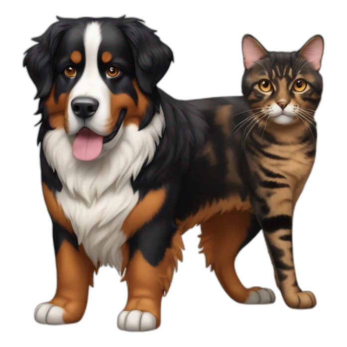 A Bernese dog next to A tortoiseshell cat without white sticker