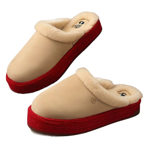 Camel slip-on slippers. thin red woven bohem zig-zag trim on the cuff, and a thick platform sole. “UGG” sticker