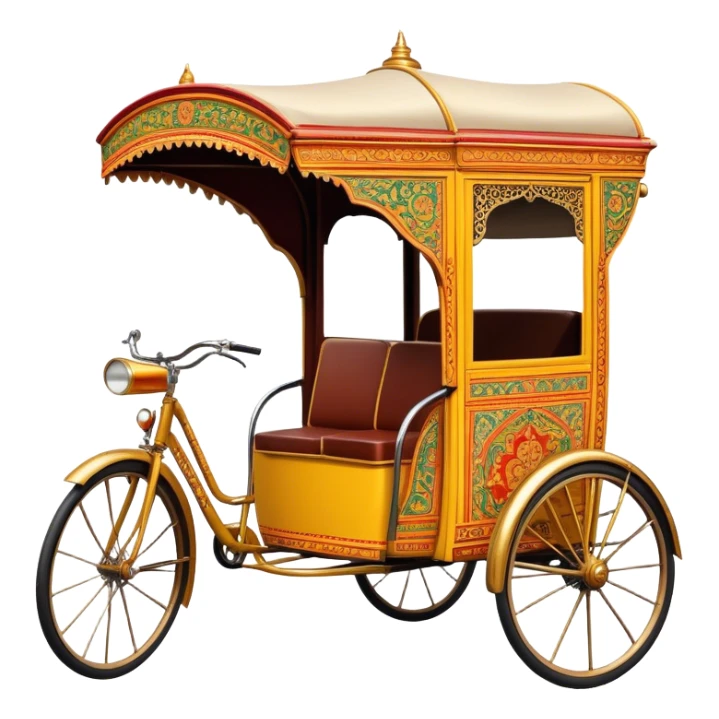 Cyclo rickshaw – Cinematic Realistic Cyclo Rickshaw, depicted as a charming, ornately painted three-wheeled cycle taxi with vintage detailing, set on bustling city streets under dynamic urban lighting that evokes cultural heritage and nostalgic charm. sticker