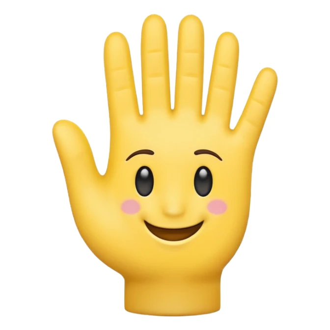 friendly waving hand emoji, palm facing forward, with a happy face on the hand, simple and beautiful sticker