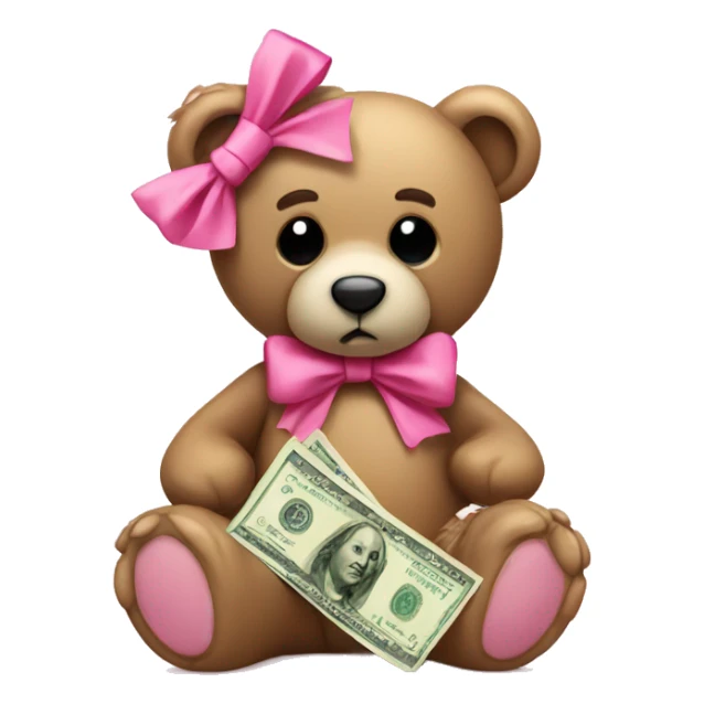 Sad teddy bear with pink bow holding money sticker