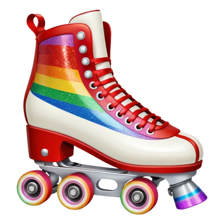 red vintage glitter roller skate with a white leather boot, rainbow stripes glitter sticker