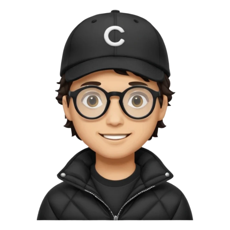 Young man wearing a black puffer jacket, black baseball cap, round black glasses, wavy hair peeking out from under the cap, smiling
 sticker