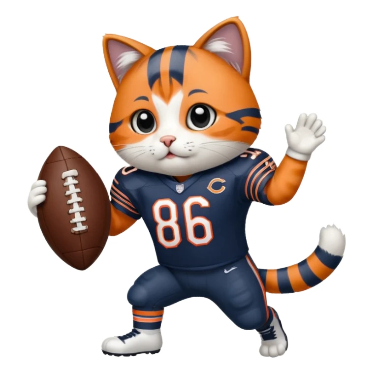 Rocky the cat in a Chicago Bears football uniform scoring a touchdown sticker