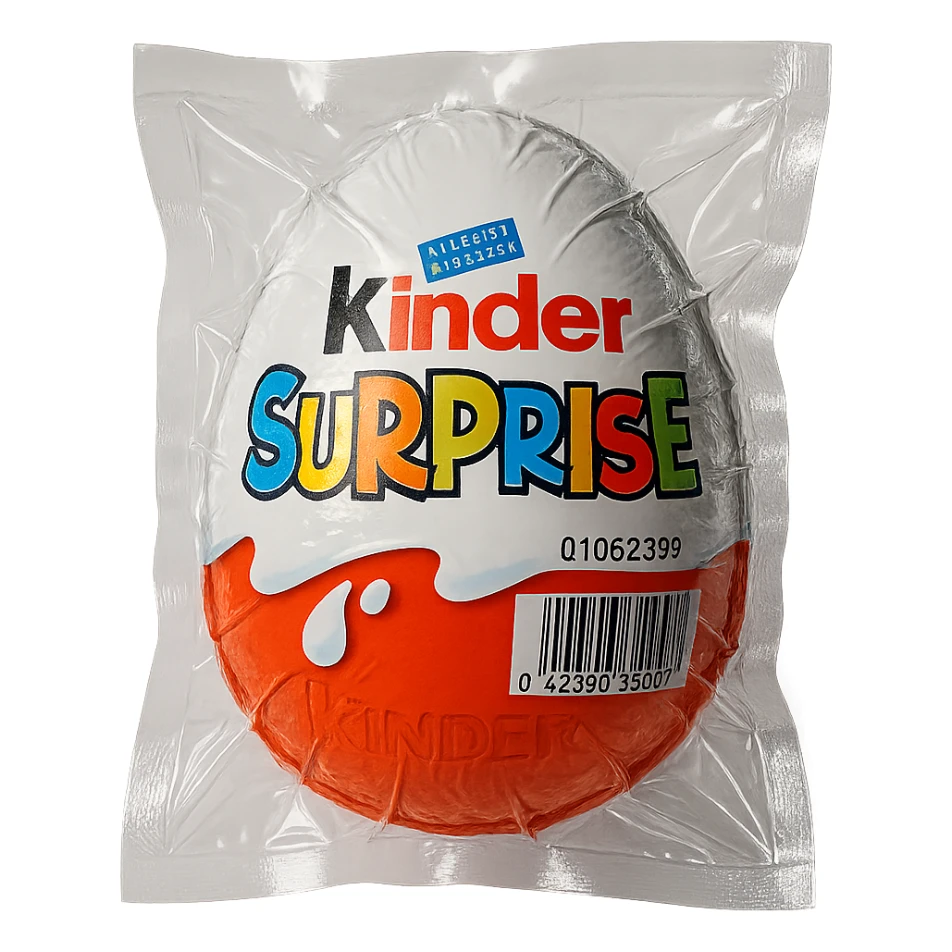Kinder Surprise egg with standard packaging, glossy and puffy vacuum-sealed style sticker