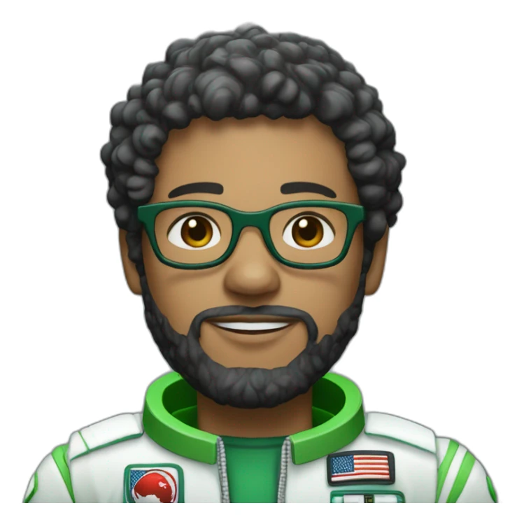 Light skin Man with black short curly hear and beard and black glasses wearing a green and white astronaut suit sticker
