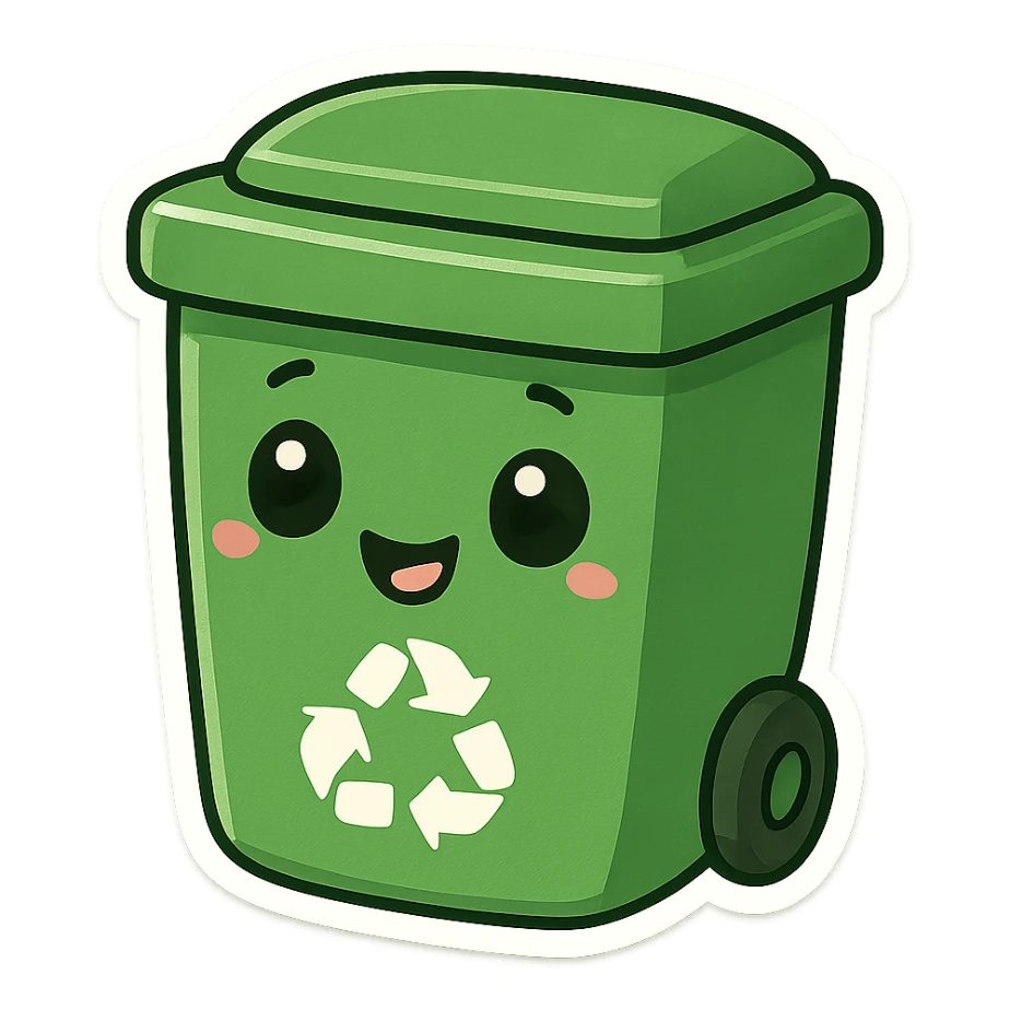 green recycle bin, chibi cartoon style, cute proportions, big eyes sticker