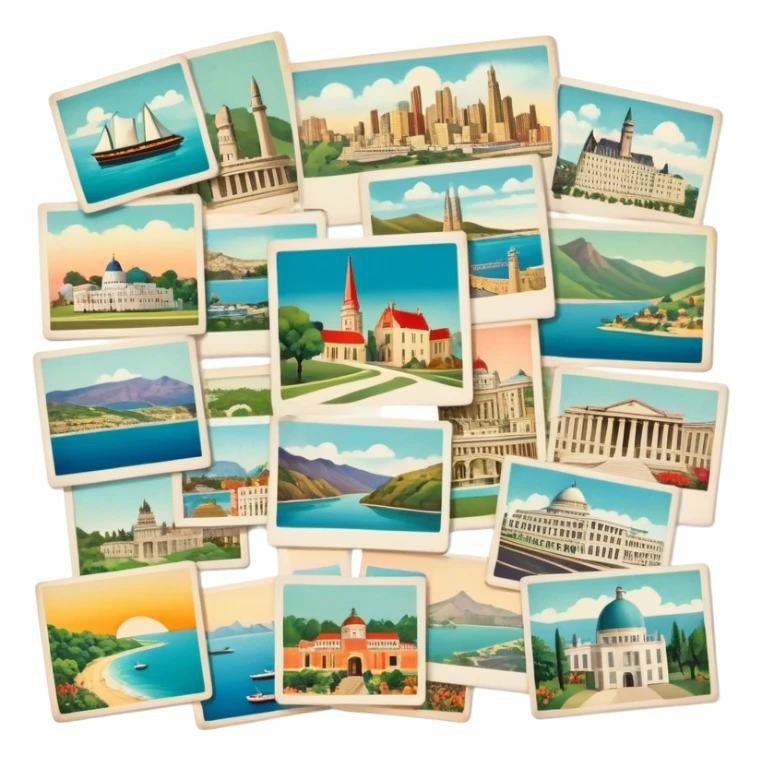 Icon for Postcard Collecting: a collection of colorful vintage postcards, featuring scenic views, landmarks, and greetings, arranged neatly in an album or on a display board. The icon should convey the charm and nostalgia of postcard collecting. Transparent background. sticker