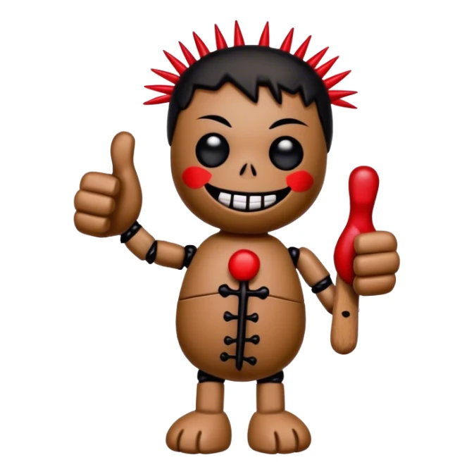 black and red voodoo doll with a thumbs up, with pins in it sticker