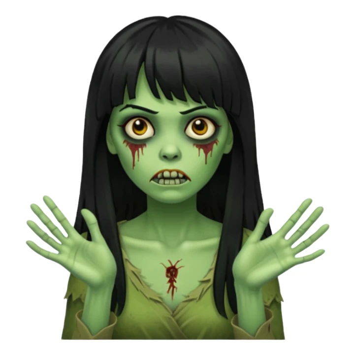 mulher zombie verde com cabelos pretos longos e franja com as mãos para frente igual um zombie sticker