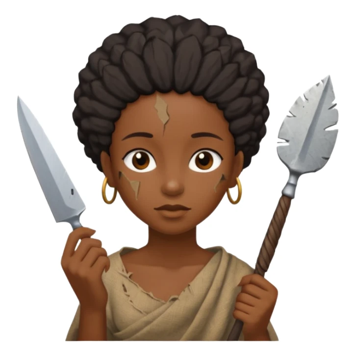 ancient black girl, tattered leaf cloth, hold broken stone knife sticker