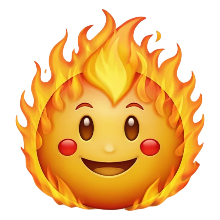 simple smiling yellow emoji in the middle of a big fire sticker