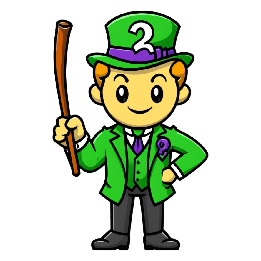 The Riddler villain with green suit, question mark cane, mischievous grin sticker